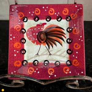 Hausenware 8" Rooster hand painted square serving salad plate